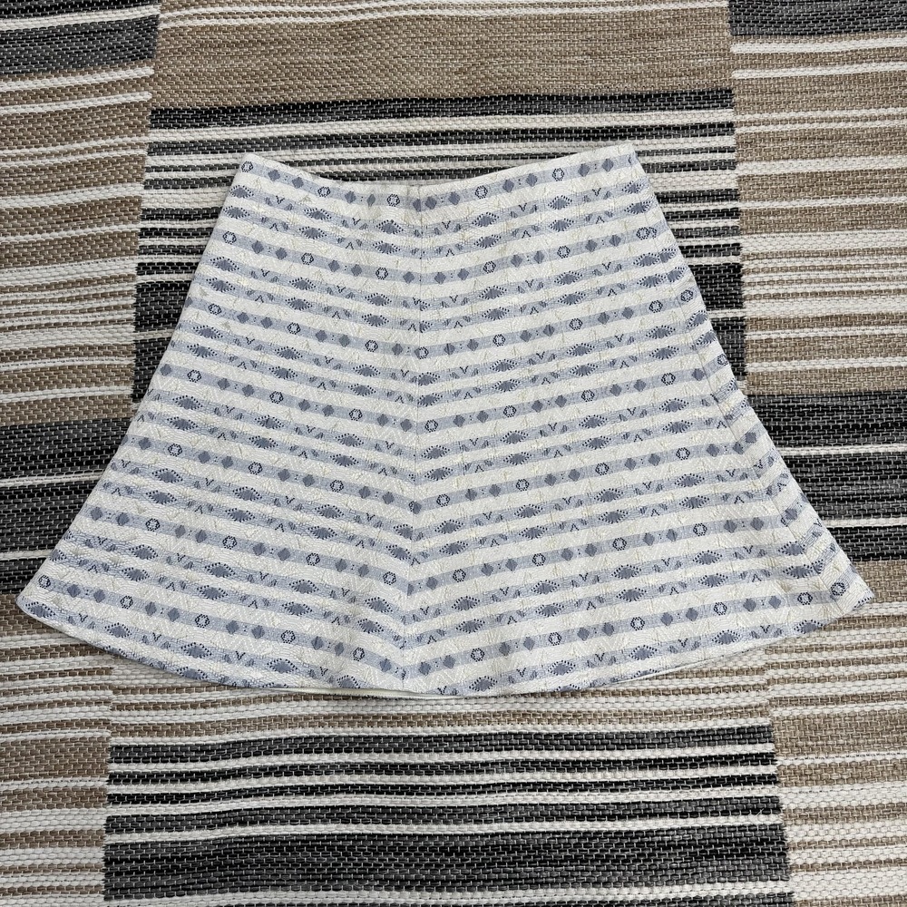 J.Crew Skirt Womens 2 Ivory Blue Jacquard A-Line‎ Mini Lined Exposed Zip C4014